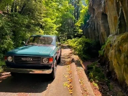 緑深い林道を走るトヨタSUVと岩壁に挟まれた自然道の風景