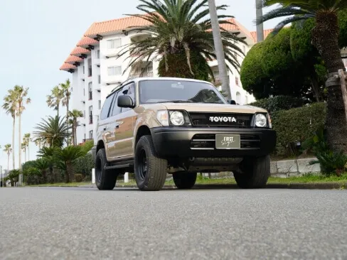 椰子の木と建物を背景に停車するベージュのトヨタSUV