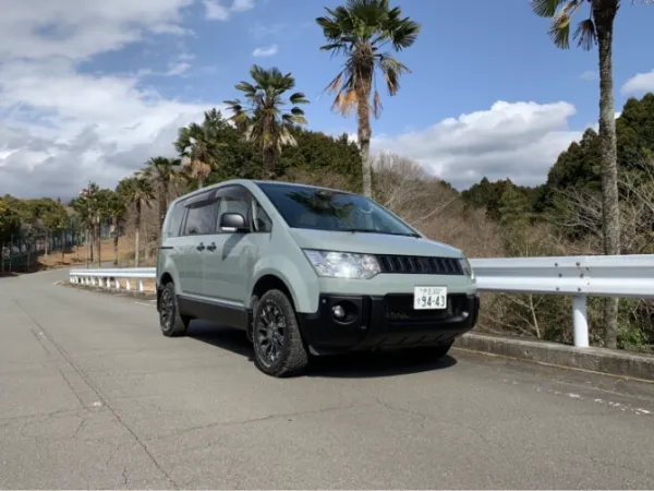 道路脇のヤシの木並木を背景に停められた薄緑色のミニバン