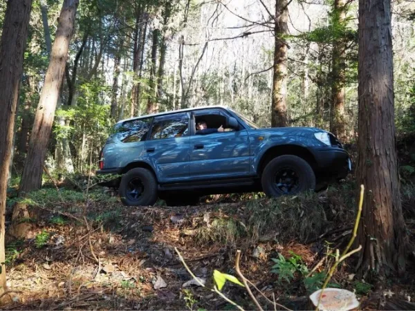 森の斜面を走行中のSUVを横から撮影したオフロードシーン