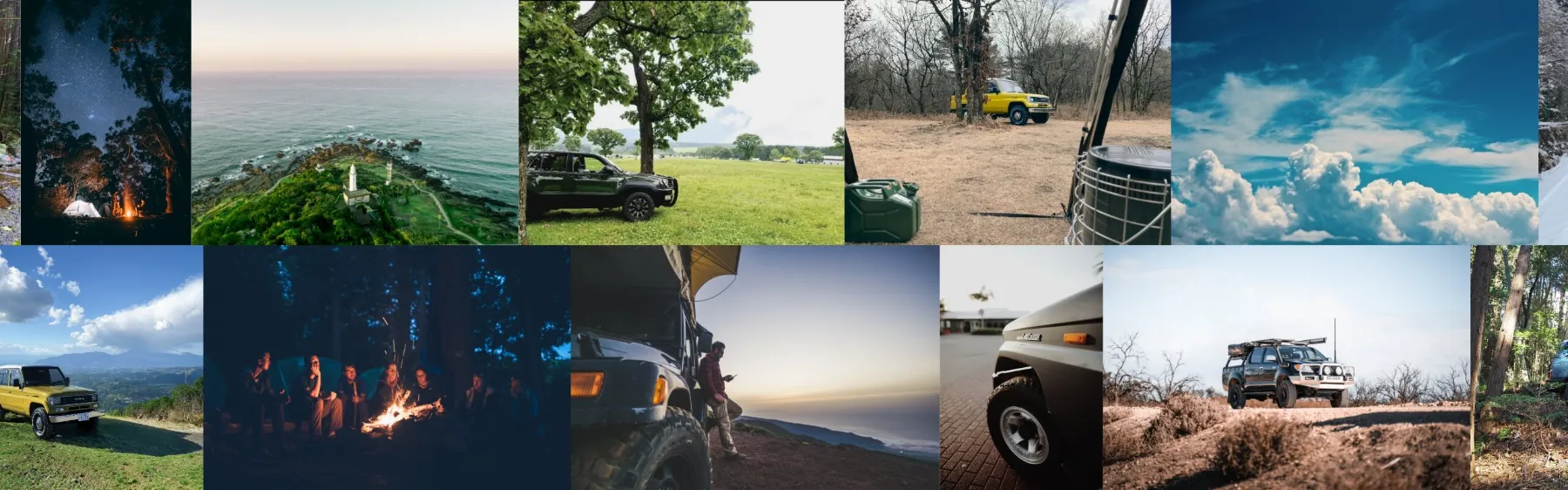 キャンプ、オフロード走行、風景写真などが並ぶアウトドアと車旅をテーマにしたコラージュ